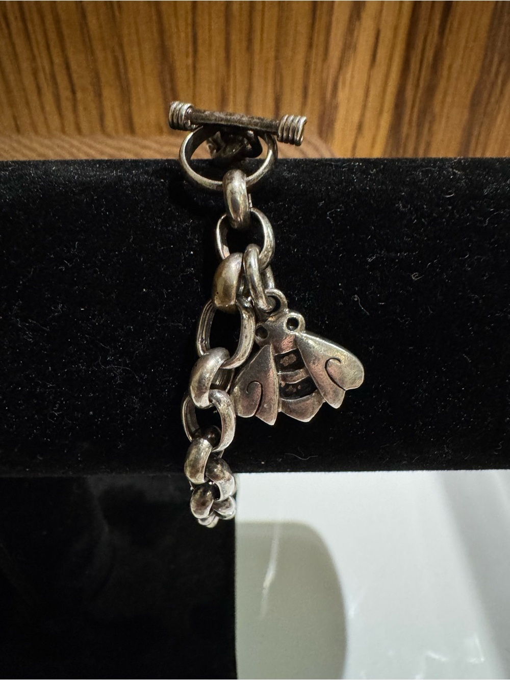 Vintage 925 Sterling Silver Rolo Chain Charm Bracelet with Bumblebee Charm
